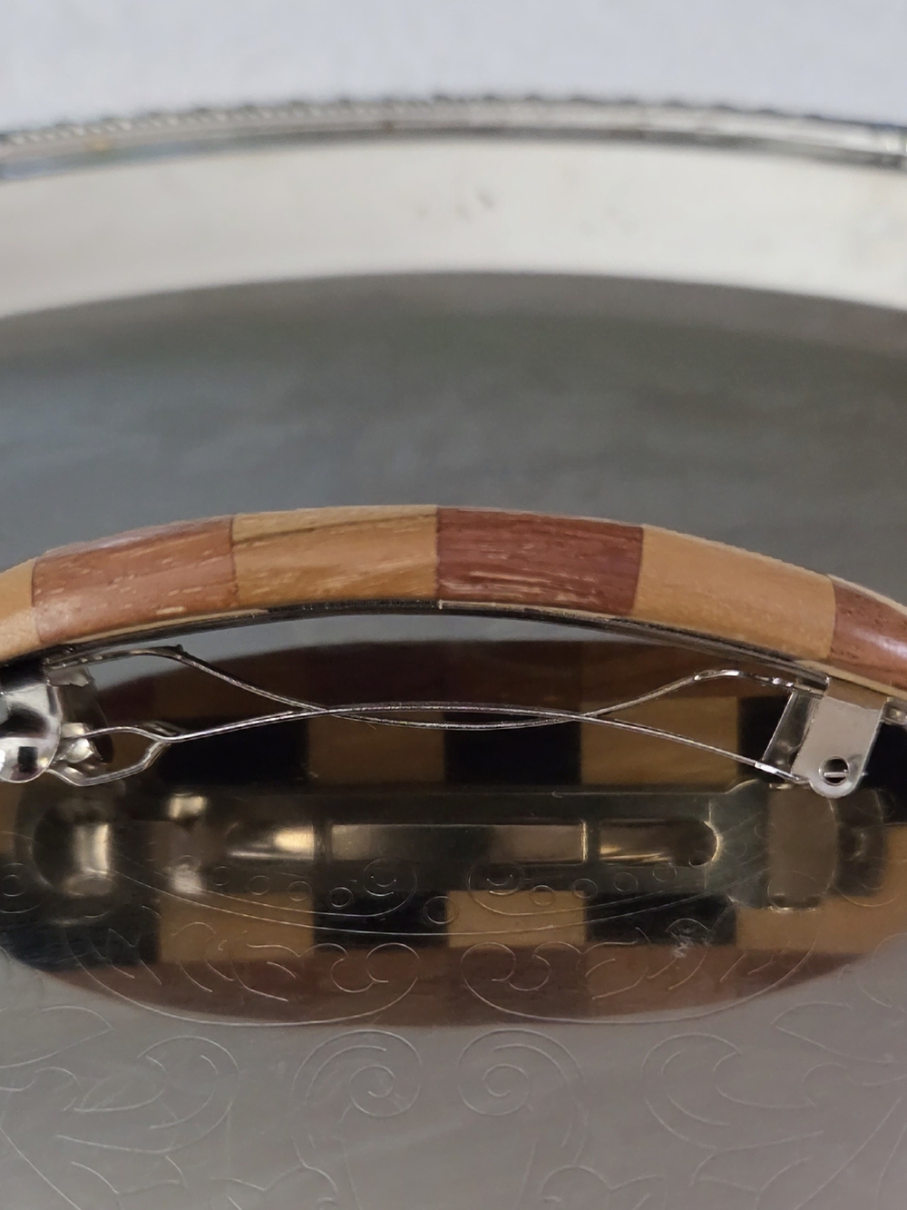 Vintage Handmade Hawaiian Koa Wood Checkerboard Inlay Hair Barrette Clip - Picture 5 of 5